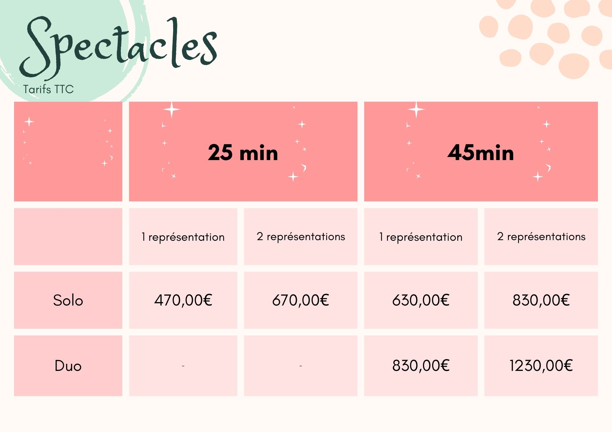 Tarifs spectacles